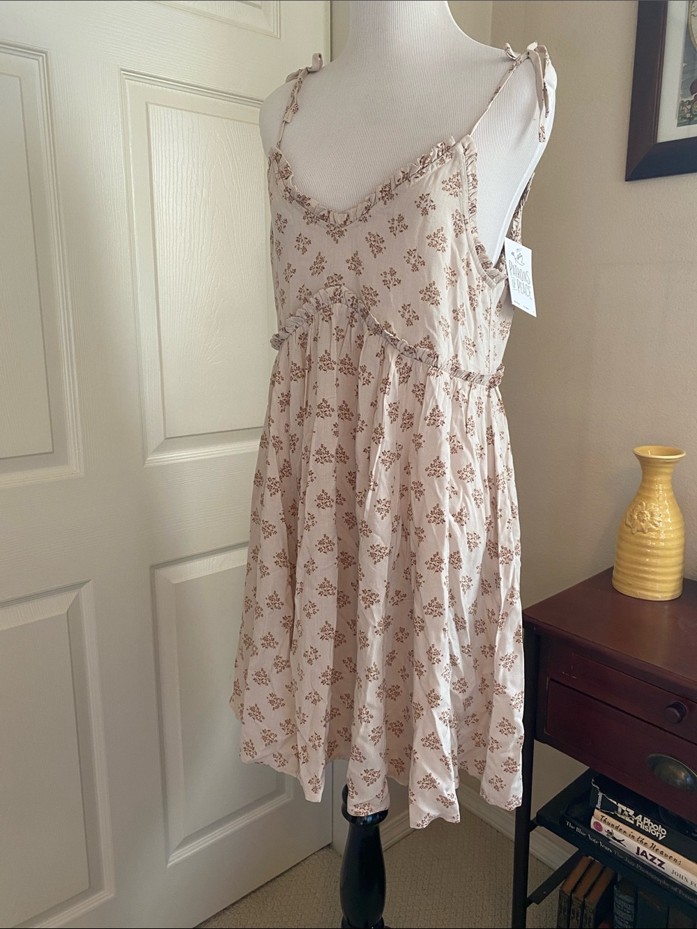Patrons of Peace Beige Floral Ruffle-Trim Dress